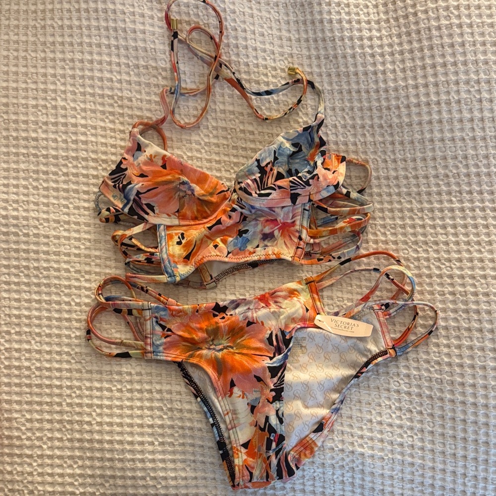 Victoria's Secret Orange & Blue Floral Strappy Bikini